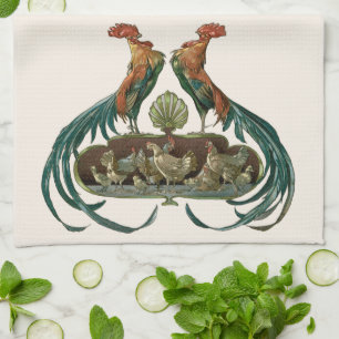 Art Nouveau kippen en hanen uit het verleden Theedoek