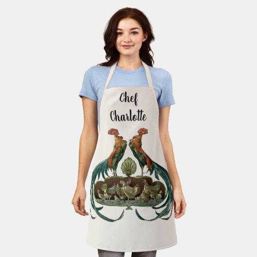 Art Nouveau Kippen en Hanen Vintage Schort (Gedragen)