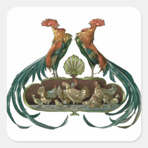 Art Nouveau kippen en hanen vintage Vierkante Sticker