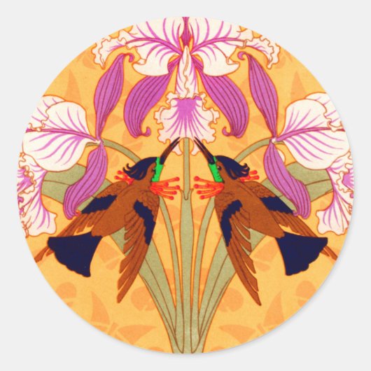 Art nouveau kolibrie orchidee roze goud verneuil ronde sticker (Voorkant)