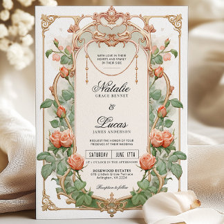 Art Nouveau Koraal Bloemen & Gouden Huwelijk Kaart