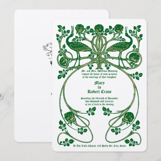 Art Nouveau Kranen in Roos Struik bruiloft Kaart (Voorkant / Achterkant)