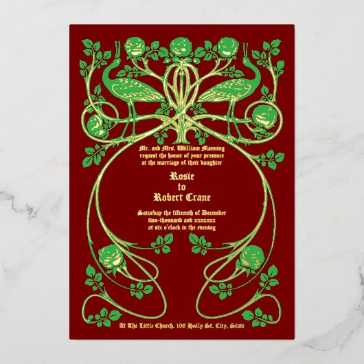 Art Nouveau Kranen in Roos Struik Huwelijksuitnodi Folie Uitnodiging (Voorkant)