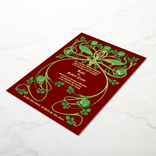 Art Nouveau Kranen in Roos Struik Huwelijksuitnodi Folie Uitnodiging (Gedraaid)