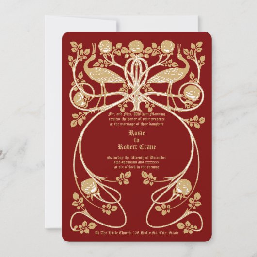 Art Nouveau Kranen in Roos Struik Huwelijksuitnodi Kaart (Voorkant)