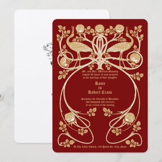Art Nouveau Kranen in Roos Struik Huwelijksuitnodi Kaart (Voorkant / Achterkant)
