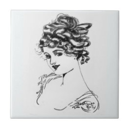 Art Nouveau Lady 1917 Ink Drawing Tegeltje