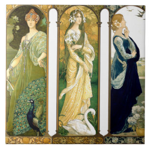 Art Nouveau Lady Bird Swan Peacock Flower Tile Tegeltje