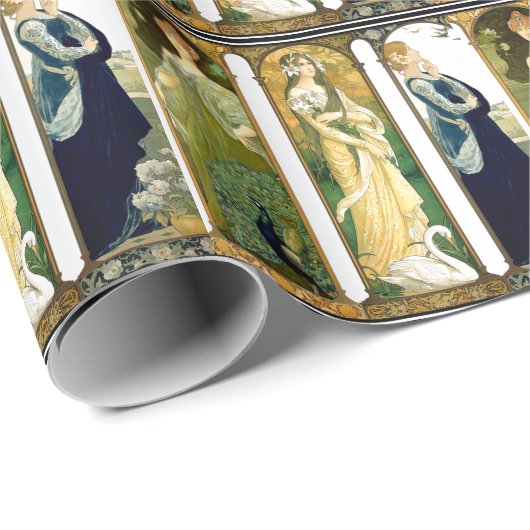 Art Nouveau Lady Birds Swan Peacock Wrapping Paper Cadeaupapier (Rol Hoek)