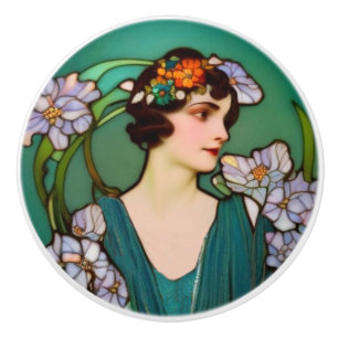 Art Nouveau Lady en Flowers - Groen en Lila Keramische Knop