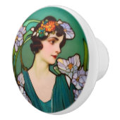 Art Nouveau Lady en Flowers - Groen en Lila Keramische Knop (Rechts)