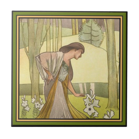 Art Nouveau ~ Lady en Lilies Tile Tegeltje (Voorkant)