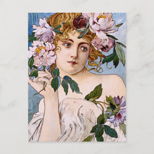 Art Nouveau Lady met Flowers Briefkaart