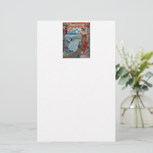 Art Nouveau Lady met Peacock Briefpapier (Staand voorkant)