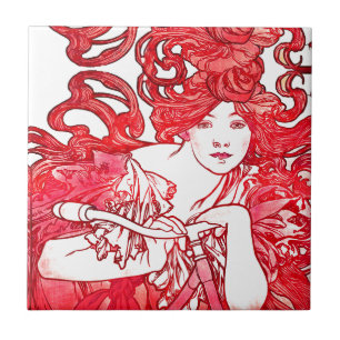 Art Nouveau Lady Mucha Red Hair Bike Tile Tegeltje