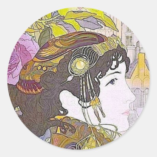 Art Nouveau Lady Ronde Sticker (Voorkant)