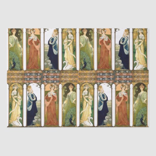 Art Nouveau Lady Swan Peacock Dove Flowers Tissuepapier (Voorkant)