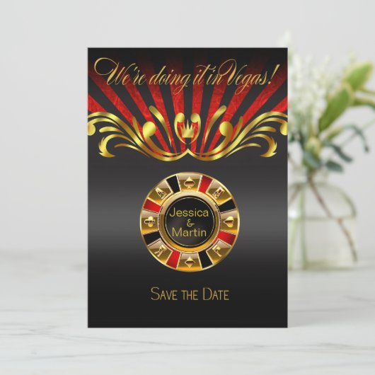 Art Nouveau Las Vegas Save the Date | goud rood Kaart (Staand voorkant)