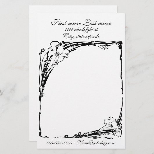 Art nouveau lelie bloemenzwart en wit briefhoofd briefpapier (Voorkant / Achterkant)