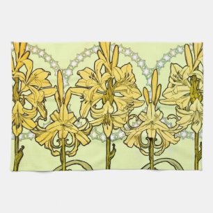 Art Nouveau leliepatroon van Alphonse Mucha in vin Theedoek