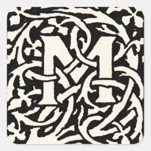 Art Nouveau Letter M met Monogram Vintage Vierkante Sticker