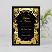 Art Nouveau Lijst Monogram Huwelijk Zwart Goud Folie Uitnodiging (Staand Voorkant)