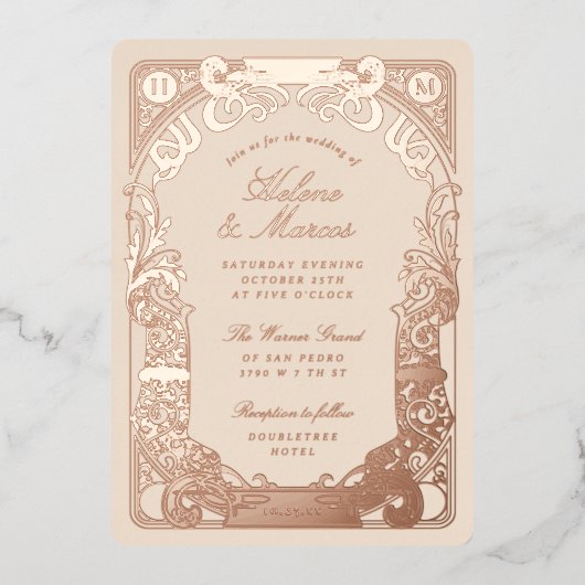 Art Nouveau Lijst Monogram Trouwperzik Roos Folie Uitnodiging (Voorkant)