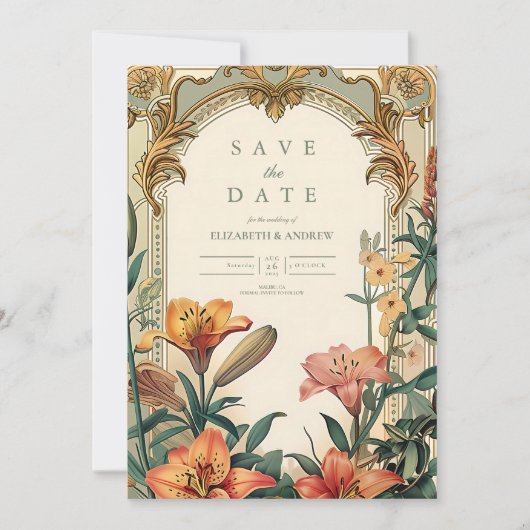 Art Nouveau Lily Wedding – Floral Lijst Design Save The Date (Voorkant)