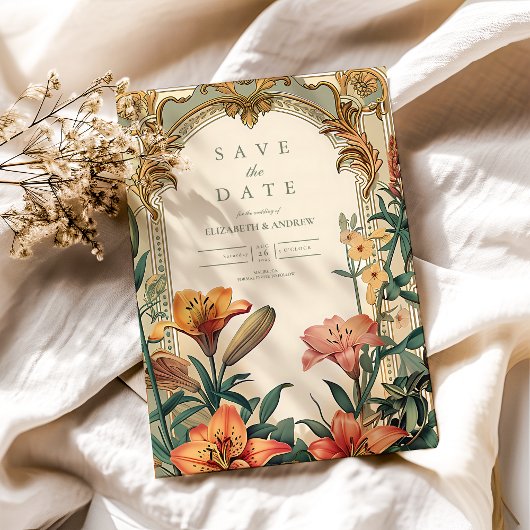 Art Nouveau Lily Wedding – Floral Lijst Design Save The Date