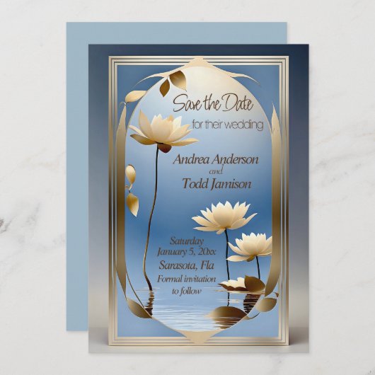 Art nouveau lotus bloemen bruiloft save the date (Voorkant / Achterkant)