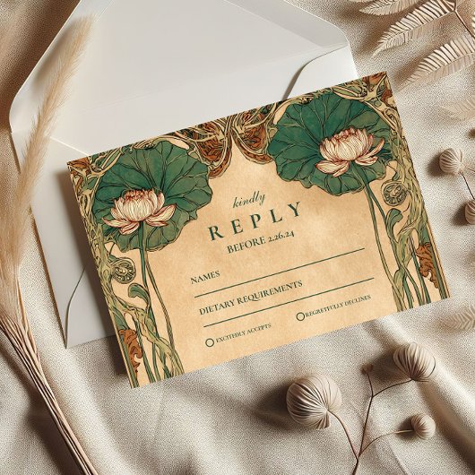 Art Nouveau Lotus Bloemen Huwelijk RSVP Kaartje