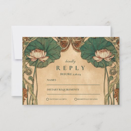 Art Nouveau Lotus Bloemen Huwelijk RSVP Kaartje (Voorkant)