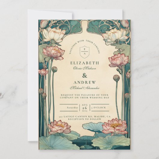  Art Nouveau Lotus bruiloft Kaart (Voorkant)