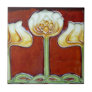 Art Nouveau Lotus Flowers op Red Frieze Tegeltje