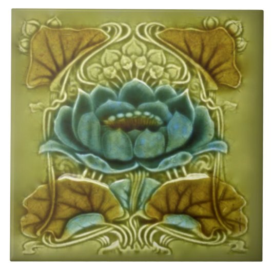 Art Nouveau Lotus Repro of Glazed Antiek Tile Tegeltje (Voorkant)