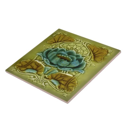 Art Nouveau Lotus Repro of Glazed Antiek Tile Tegeltje (Zijkant)