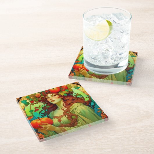 Art Nouveau Mabon Glazen Onderzetter (Schuin)