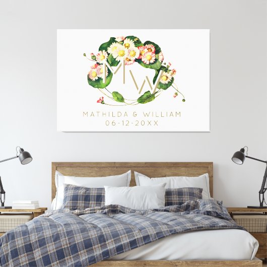 Art Nouveau Madeliefjes Krans Monogram om te Perso Canvas Afdruk (Insitu (Slaapkamer))