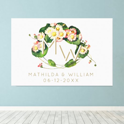 Art Nouveau Madeliefjes Krans Monogram om te Perso Canvas Afdruk (Insitu (Houten vloer))