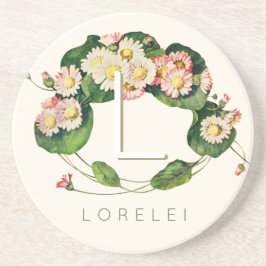 Art Nouveau Madeliefjes Krans Monogram om te Perso Zandsteen Onderzetter