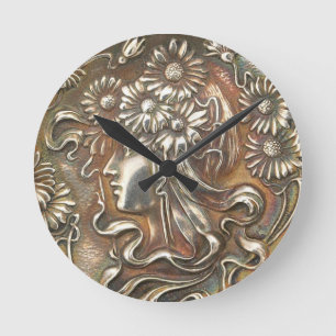 Art Nouveau Maiden Silver Repousse Acryllic Clock Ronde Klok