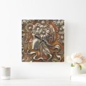 Art Nouveau Maiden Silver Repousse Moderne Acrylli Vierkante Klok (Huis)