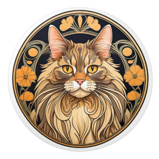 Art Nouveau Maine Coon Cat Keramische Knop
