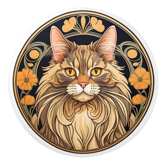 Art Nouveau Maine Coon Cat Keramische Knop (Voorkant)