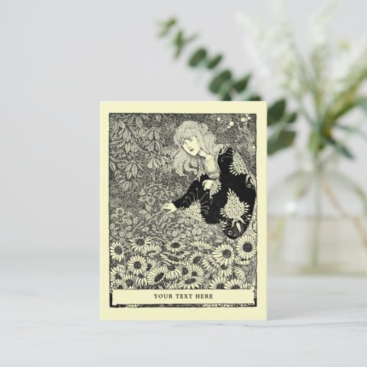  Art Nouveau Meisje Tussen Bloemenveld Briefkaart (Staand voorkant)