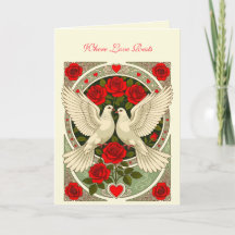 Art Nouveau met witte duiven en rode rozen