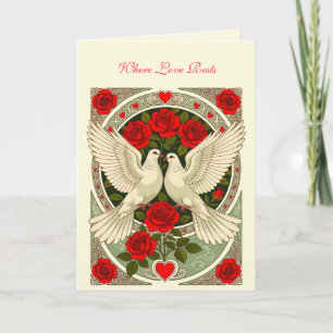 Art Nouveau met witte duiven en rode rozen Kaart