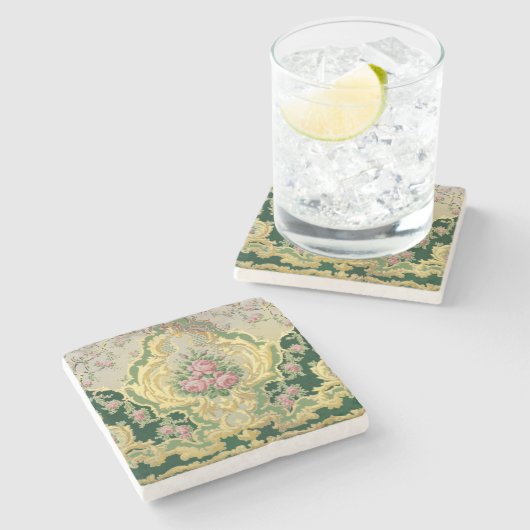 Art Nouveau Metallic Goud Roze Rozen Trouwtafel Stenen Onderzetter (Zijkant)