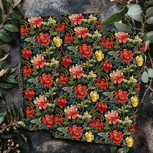 Art nouveau Morris rood geel bloemen salie blauw Tissuepapier