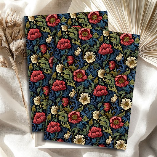 Art nouveau Morris rood wit bloemen pastelblauw Tissuepapier